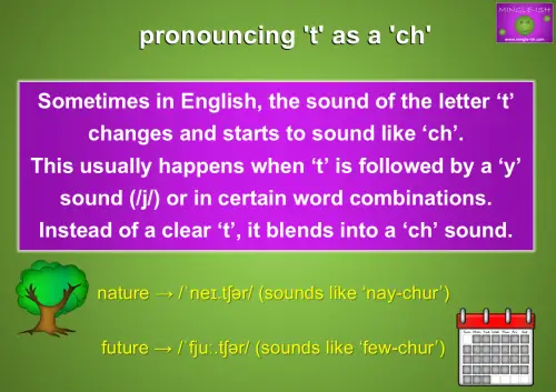 ESL pronunciation lesson showing how “t” changes to “ch” in words like nature and future with phonetic examples and images of a tree and a calendar.
