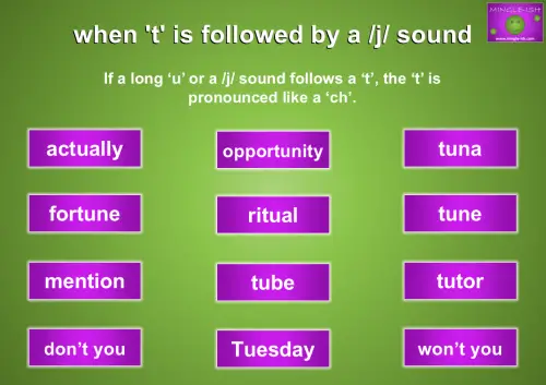 when 't' is followed by a /j/ sound - If a long ‘u’ or a /j/ sound follows a ‘t’, the ‘t’ is pronounced like a ‘ch’.