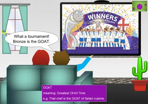 GOAT (Greatest Of All Time) meaning and examples. illustration of two people watching a women’s football final on TV with the text “Bronze is the GOAT” showing the slang meaning Greatest Of All Time