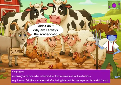 illustration of a sad goat wearing a sign that says blamed, surrounded by sheep, cows, chickens, and a farmer, showing the idiom scapegoat meaning someone unfairly blamed