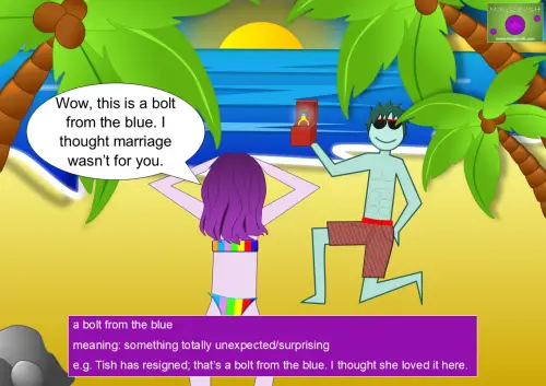 A cartoon beach proposal at sunset where a man proposes and a woman says it’s a bolt from the blue, illustrating the idiom meaning something unexpected.