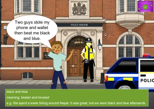 Cartoon man beaten up, describing how he was left "black and blue" after being robbed, outside a police station.