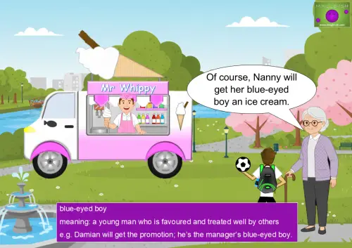 Cartoon illustration explaining the idiom "blue-eyed boy" featuring a grandmother promising her grandson an ice cream at a park.
