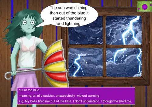 Illustration for the idiom 'out of the blue' showing a startled cartoon girl indoors while a sudden, severe thunderstorm with lightning and rain hits outside the window.