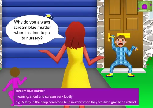 Cartoon scene of an adult asking a child crying outside a blue garage, illustrating the idiom "scream blue murder."