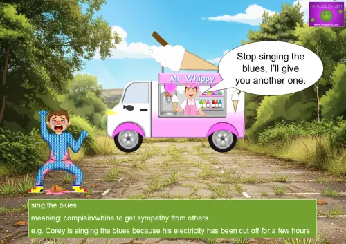 Child crying over a dropped ice cream while the ice cream man says stop singing the blues.