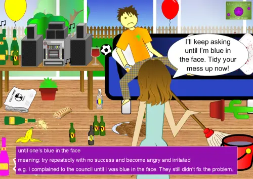 Woman telling a messy man she’ll keep asking until she’s blue in the face in a room covered in party rubbish.