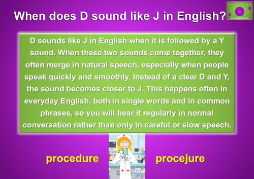Graphic explaining when the letter D sounds like J in English pronunciation, showing the word procedure pronounced as projedure with a nurse illustration.