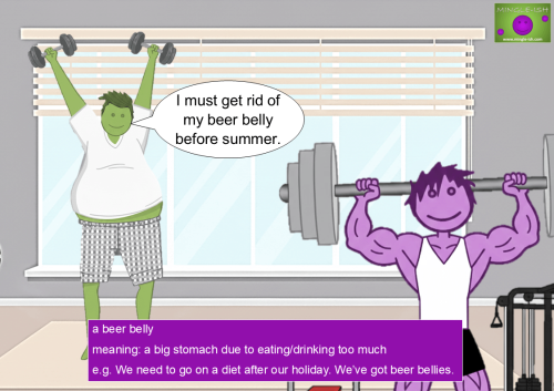 A colorful cartoon illustration for the idiom "a beer belly" set in a gym. It features a green stick-figure man with a large stomach lifting dumbbells in front of a large window with blinds. To his right, a muscular purple stick-figure character lifts a heavy barbell. The image includes a speech bubble where the green man says he must lose the belly before summer, alongside a purple text box defining the idiom and providing an example sentence.