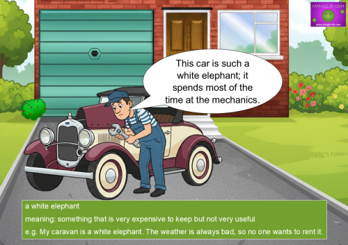 Illustration of a man repairing an old car outside a house, showing the idiom white elephant meaning something expensive to keep but not very useful.