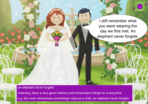 Illustration of a bride and groom standing under a floral arch in a lush, bright green garden with a fountain.