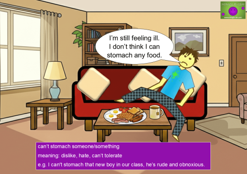 Illustration of a sick person lying on a sofa with untouched food on a table, showing the idiom can’t stomach, meaning unable to eat or unable to tolerate something.