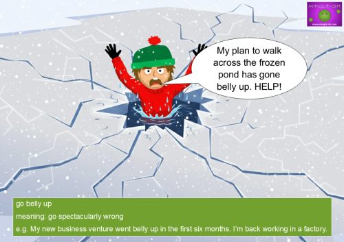 Cartoon of a man falling through ice to illustrate the idiom "go belly up" with a definition and example sentence.