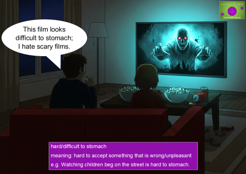 Cartoon illustration of two people watching a scary movie to define the English idiom "difficult to stomach."