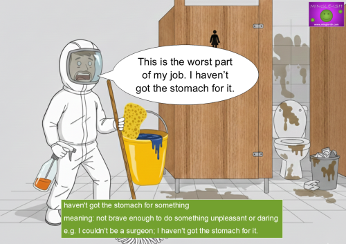 Educational cartoon of a man in a hazmat suit cleaning a dirty toilet to define the idiom "haven't got the stomach for."