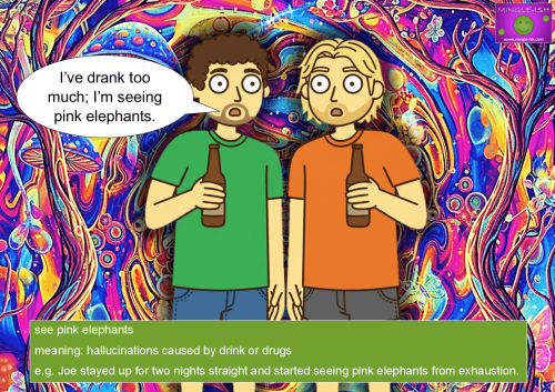 Illustration of two people drinking alcohol and hallucinating, showing the idiom see pink elephants meaning hallucinations caused by drink or exhaustion.