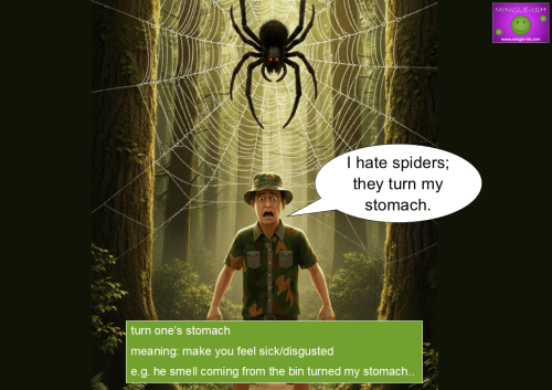 Educational cartoon of a terrified hiker facing a giant spider to define the idiom "turn one's stomach."