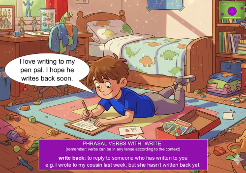 Cartoon of a young boy lying on his bedroom floor writing a letter to a pen pal, illustrating the phrasal verb "write back.