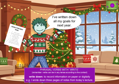 Illustration showing the phrasal verb write down, with a character holding a list of goals and saying I’ve written down all my goals for next year.