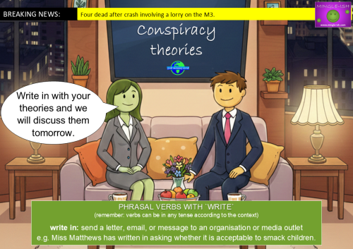 Illustration showing the phrasal verb write in, with TV presenters inviting viewers to send in their theories for discussion.