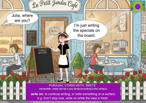 A cartoon illustration of a waitress named Julia writing "Today's specials" on a chalkboard outside "Le Petit Jardin Café," used to explain the phrasal verb "write on.