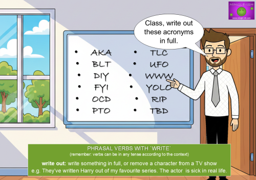 Teacher pointing at a whiteboard with common acronyms while saying “Class, write out these acronyms in full,” illustrating the phrasal verb write out.