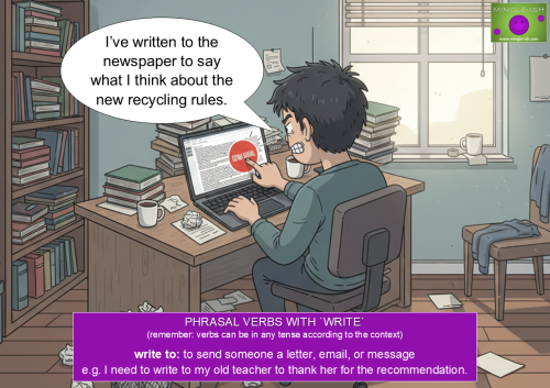 Cartoon of a frustrated man clicking "send" on an email to a newspaper, illustrating the phrasal verb "write to".