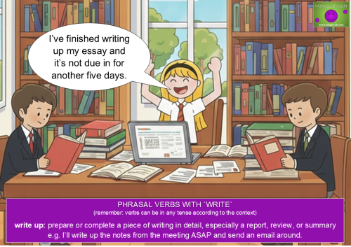 Cartoon students in a library celebrating completing an essay, featuring a phrasal verb lesson on "write up".