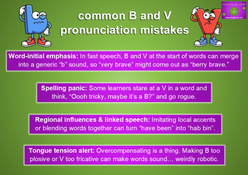 Educational Mingle-ish infographic detailing advanced B and V pronunciation mistakes, featuring the confused cartoon letters B and V against a green background.