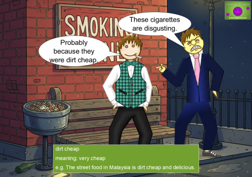 Two cartoon men standing near a park bench at night, discussing the quality of their cigarettes while an idiom definition box sits at the bottom.