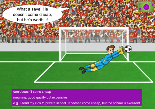 Alt Tag A cartoon football goalie making a diving save in front of a stadium crowd, illustrating the idiom "doesn't come cheap."