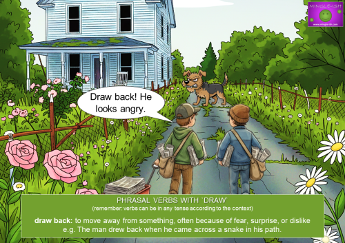 Cartoon showing two boys drawing back from an angry dog on a path, illustrating the phrasal verb draw back