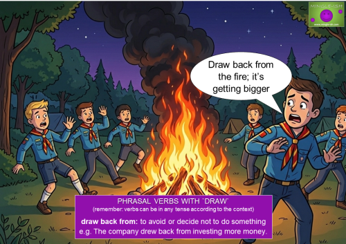 Cartoon of frightened Boy Scouts recoiling from a massive growing bonfire to illustrate the phrasal verb 'draw back from'.