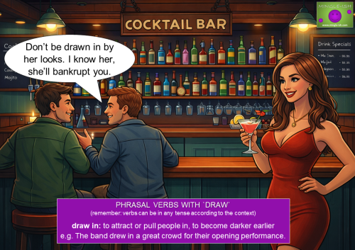 Mingle-ish cartoon illustration of a cocktail bar scene explaining the phrasal verb 'draw in' with two men talking and a woman in a red dress.