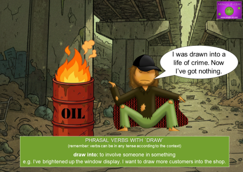Mingle-ish cartoon illustration of a man sitting under a bridge explaining the phrasal verb 'draw into' with a speech bubble and definition box.