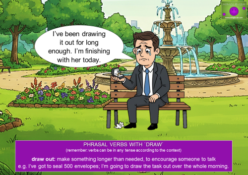 Cartoon of a sad businessman on a park bench holding an engagement ring to illustrate the phrasal verb "draw out".