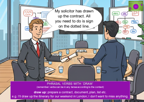 Two businessmen in a modern conference room handing over a formal document to illustrate the phrasal verb "draw up".