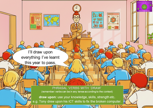 Cartoon illustration of students in a pink classroom exam hall to teach the phrasal verb "draw upon".
