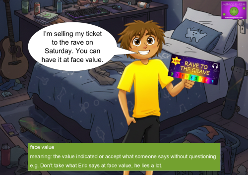 A teenage boy in a yellow shirt standing in a messy bedroom, holding a "Rave to the Grave" ticket and offering it at "face value."