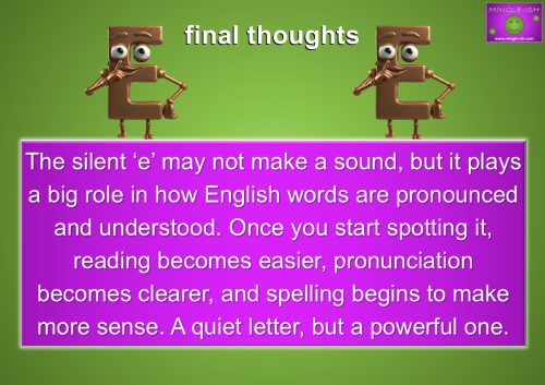 Two animated, bronze-colored "e" characters making a "shhh" gesture above a text box explaining the importance of the silent "e."