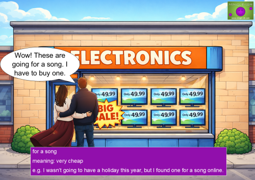 A man and woman viewed from behind standing in front of an electronics store window filled with discounted televisions.