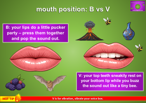 Visual guide to B vs V mouth position, lips together for B and top teeth on bottom lip for V, with fun examples like volcano, bee, vase and bat