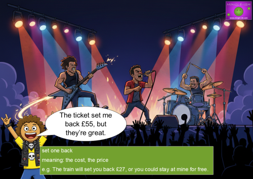 A cartoon rock fan cheering at a concert with a speech bubble explaining that the ticket "set me back £55."