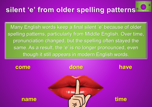 Educational graphic about silent 'e' in older spelling patterns featuring the words come, done, have, name, and time with a "shhh" gesture icon.