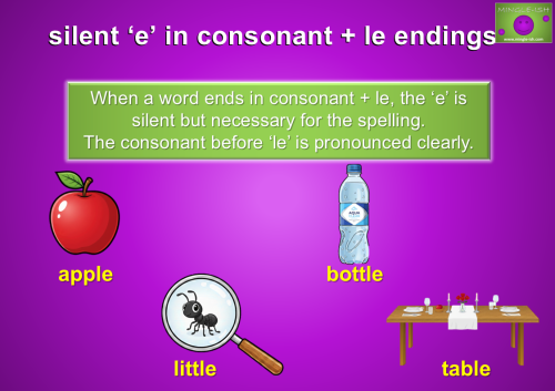 Educational phonics chart explaining the silent 'e' in consonant plus "-le" endings, featuring illustrations of an apple, a little ant under a magnifying glass, a water bottle, and a dining table on a purple background.