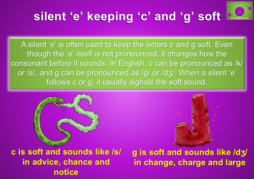 Educational graphic explaining how a silent 'e' keeps the letters 'c' and 'g' soft, featuring a green snake for the /s/ sound and a red jelly for the /dʒ/ sound.