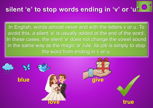 Educational graphic explaining the silent 'e' rule for words ending in 'v' or 'u' with illustrative examples.