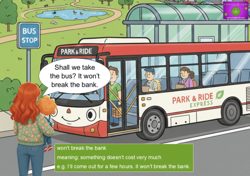 Cartoon woman and child at a bus stop with a red bus and a text bubble saying, "Shall we take the bus? It won't break the bank."