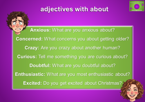 Infographic showing a list of adjectives paired with the preposition "about" and example questions, featuring cartoon illustrations of an anxious man and an excited woman.