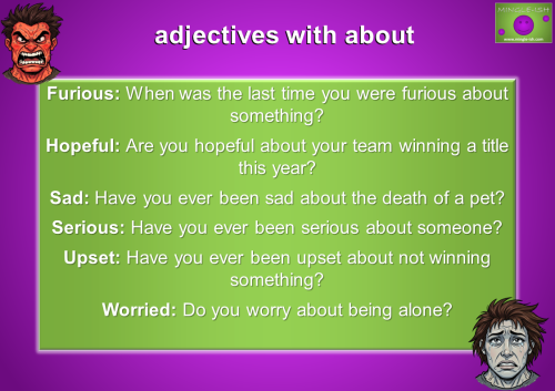 Infographic displaying English adjectives paired with the preposition "about," featuring practice questions and cartoon faces of a furious man and an upset person.